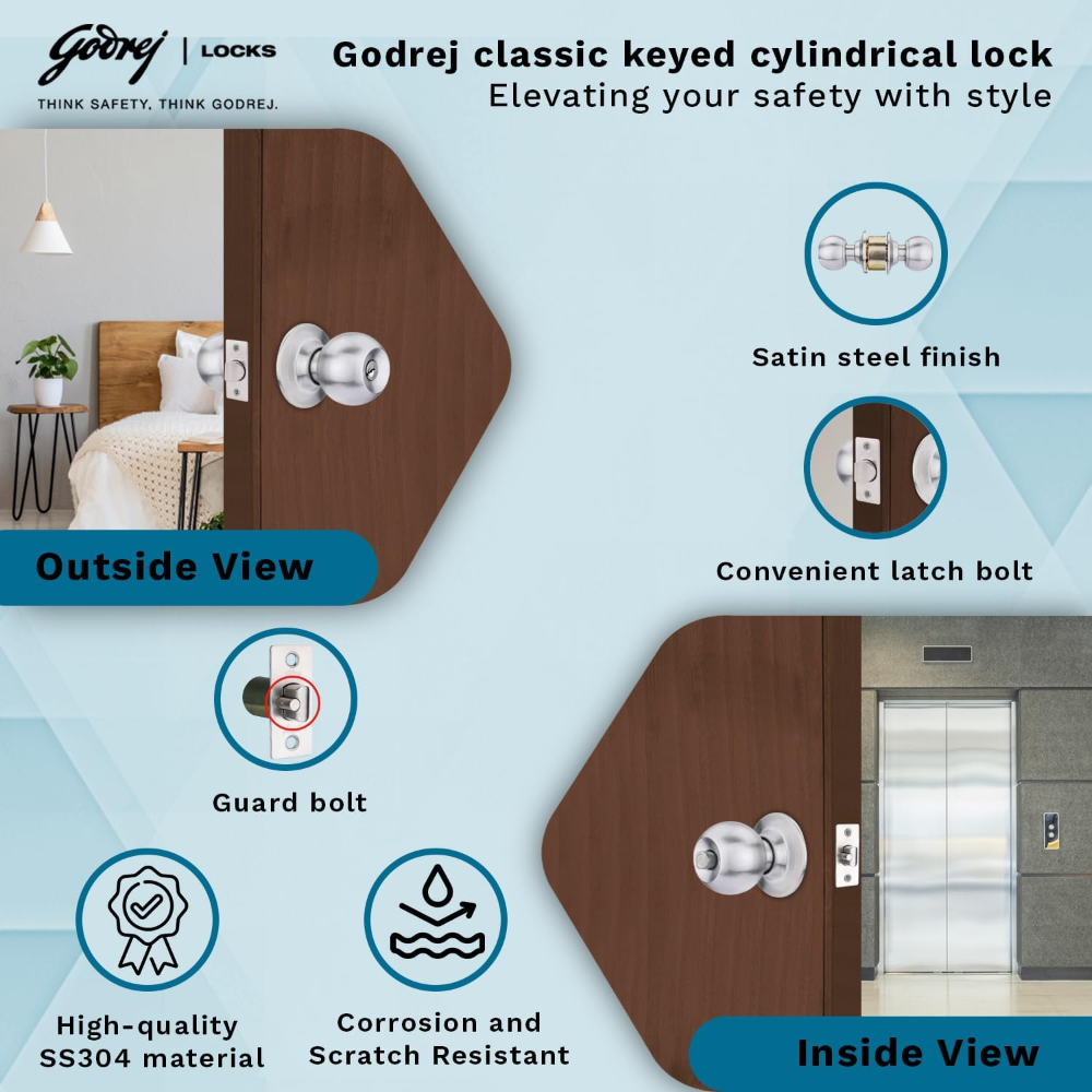 Godrej Cylindrical Lock I With 3 keys I Classic Range I For bedroom, For Home and Office I Suitable for Left  Right, Inside and Outside Opening Doors I Basket 70mm I Satin Steel Finish I  5 Years Warranty